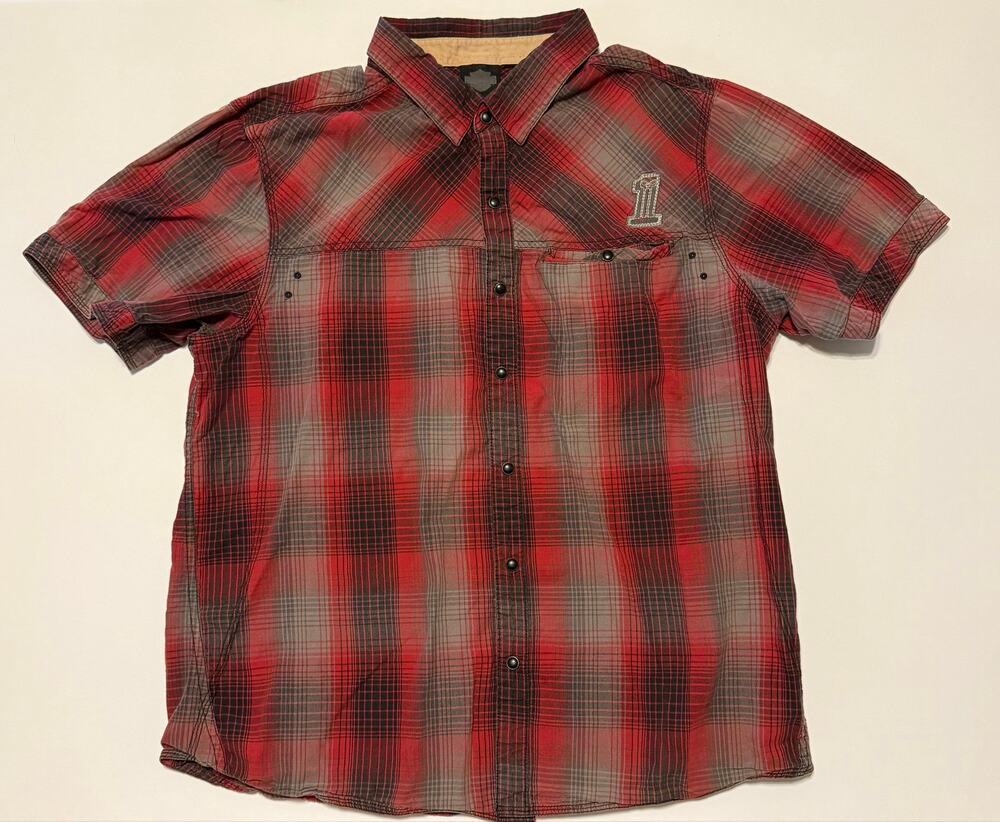 Harley Davidson Black Label Plaid Pearl Snap Shirt #1 Skull Red Grey Men's